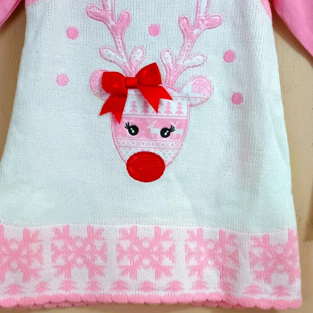 Bonnie Baby Reindeer Sweater Dress 18M Christmas Jumper with Scallop Edges